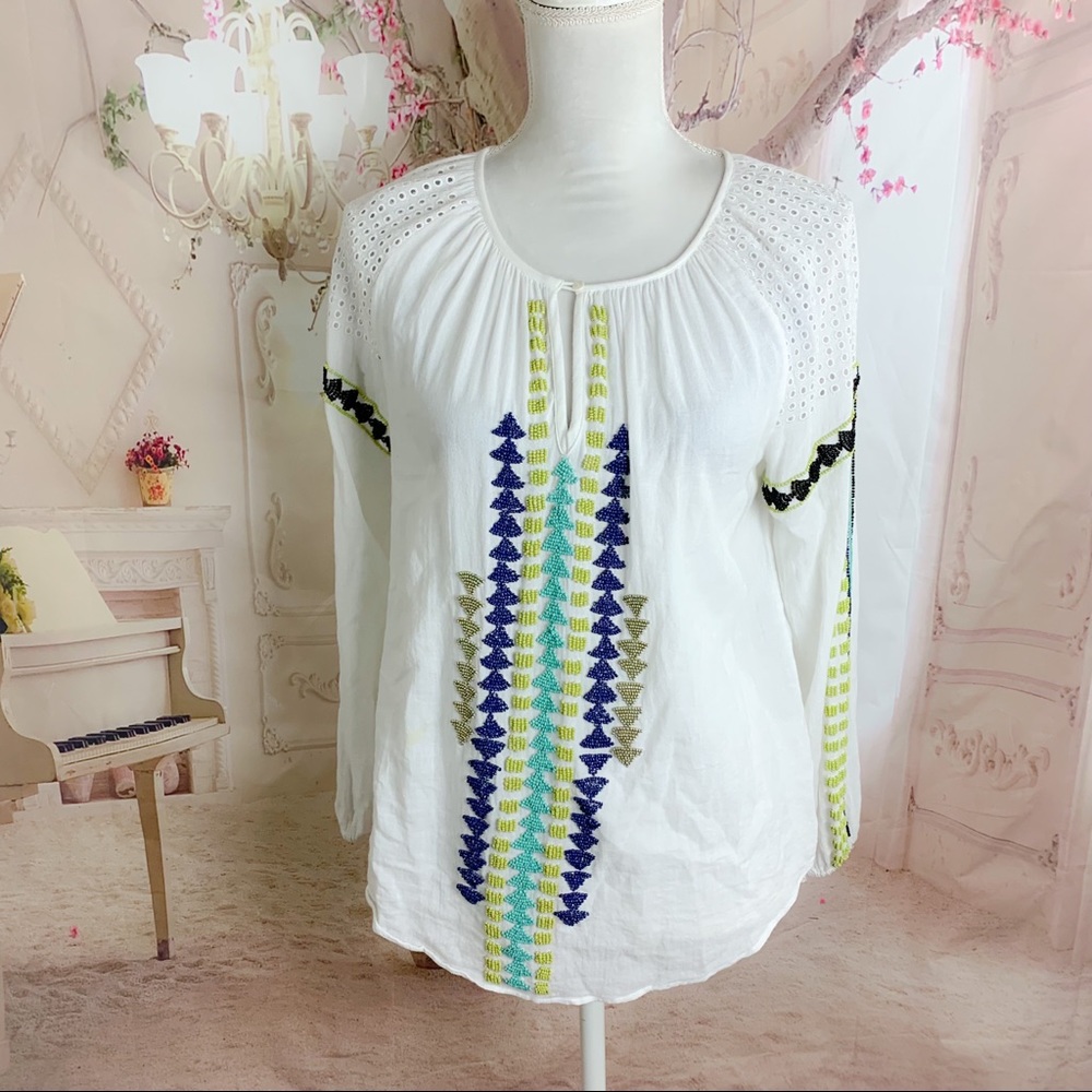 Love Sam Keyhole Peasant Bohemian Beaded Blouse